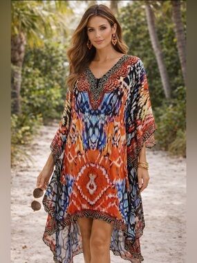 NEW Sakkas Women's HI LOW V Neck Beach Dress Top Caftan Cover up Rhinestones OS